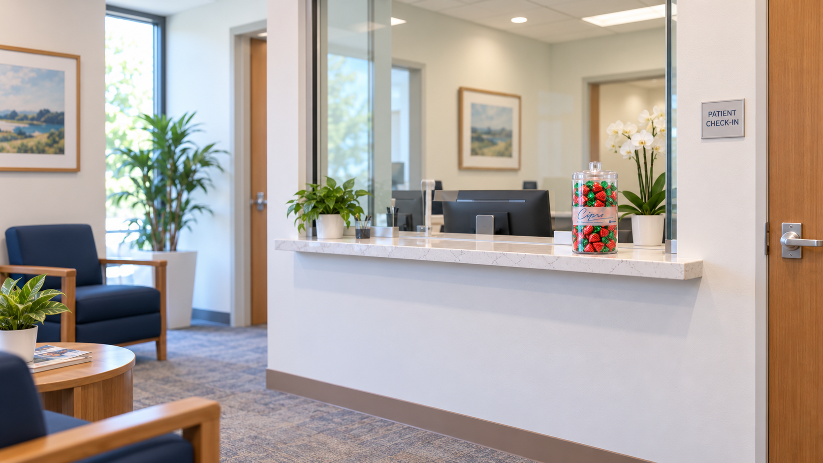 The $250,000 Candy Jar Order Clear plastic apothecary jar filled with individually wrapped strawberry candies on a doctor's office reception counter.